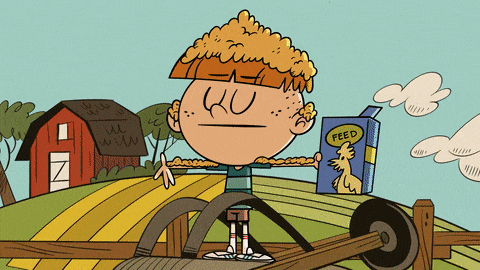 a cartoon character holding a box of feed