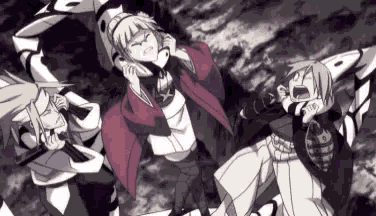 a group of anime characters are standing next to each other and one of them is screaming .