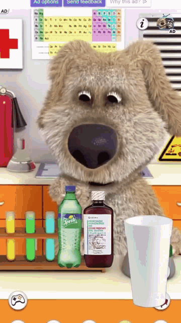 a sprite bottle sits on a table next to a bottle of syrup