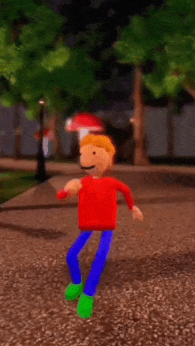 a cartoon character is dancing in a park wearing a santa hat .