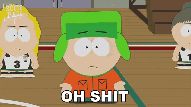 a south park cartoon character says oh shit in front of two basketball players