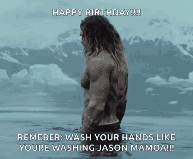 a shirtless man is standing in the water with the caption happy birthday !!!