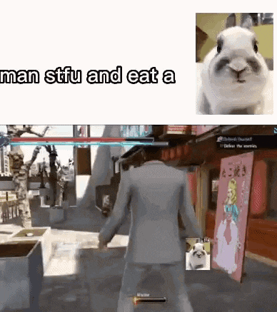 a man in a suit is standing in front of a rabbit with the words man stfu and eat a rabbit below him