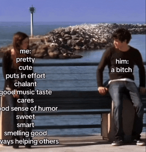 a man and a woman are sitting on a bench and the man is talking about himself