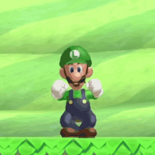 a video game character with a l on his hat is jumping in the air