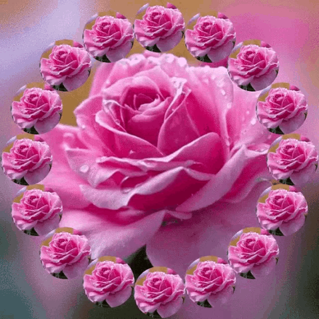 a pink rose is surrounded by pink roses