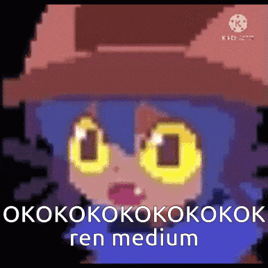 a pixel art of a girl with yellow eyes and the words kokokokokokokoko ren medium on the bottom .