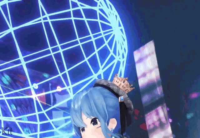 a girl with blue hair and a crown on her head is standing in front of a ferris wheel