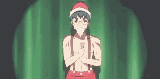 a man in a santa hat and suspenders is surrounded by confetti and ribbons