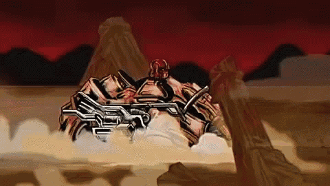 a cartoon drawing of a robot with a gun in the desert