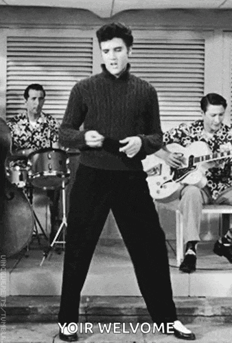a black and white photo of elvis presley dancing with the words " your welvome " behind him