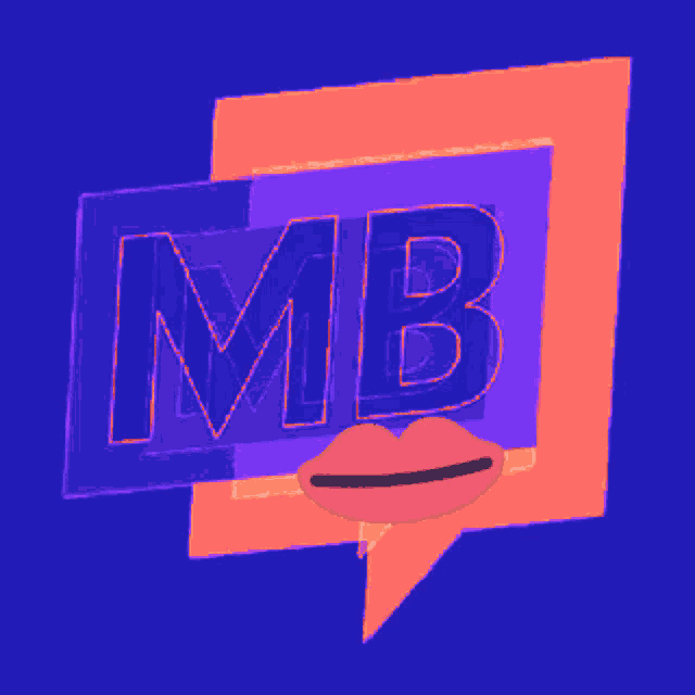 a cartoon drawing of a mouth with vampire teeth and the letter mb behind it