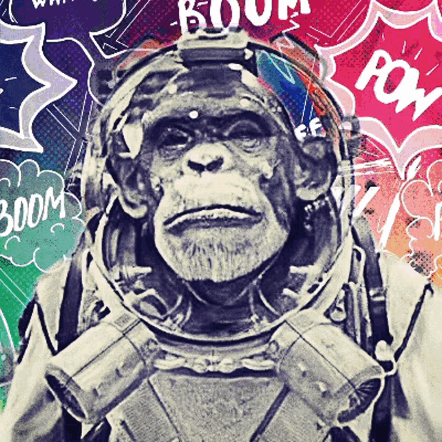 a chimpanzee wearing a space suit with speech bubbles that say boom and pow