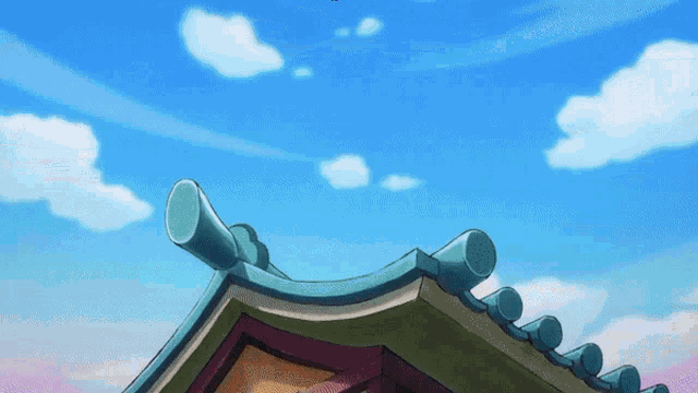 a roof with a blue sky and white clouds behind it
