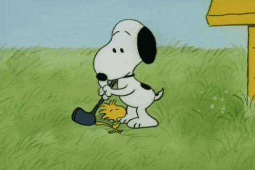 a cartoon of snoopy and woodstock standing in the grass