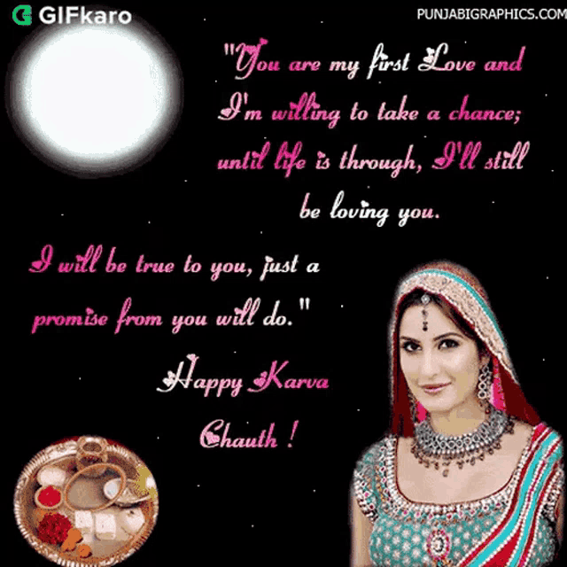 a happy karva chauth greeting card with a woman in a traditional dress