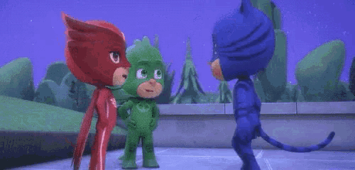 a group of cartoon characters are standing next to each other and giving each other high fives