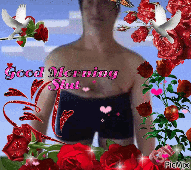 a picture of a man surrounded by red roses with the words " good morning slut "