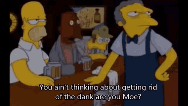 a cartoon of homer simpson and moe saying you ain t thinking about getting rid of the dank are you moe ?