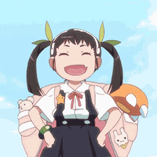a cartoon girl with pigtails is holding a stuffed animal .