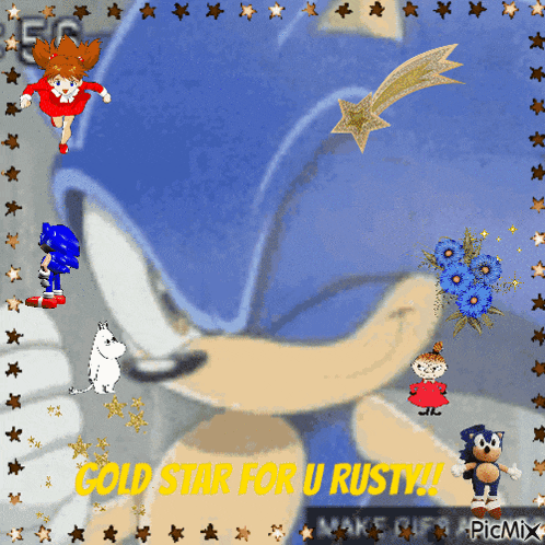 a picture of sonic the hedgehog with the words gold star for u rusty on the bottom
