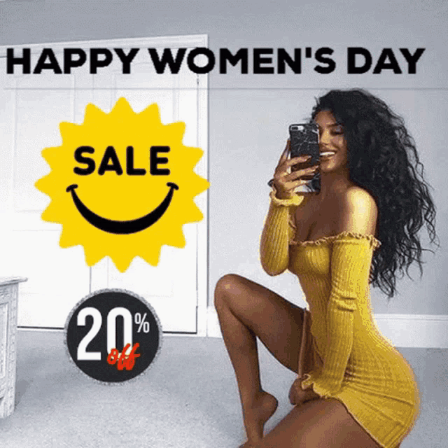 a woman in a yellow dress taking a selfie with the words happy women 's day sale 20 %