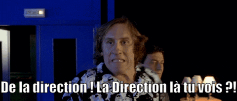 a man with a shocked look on his face says de la direction