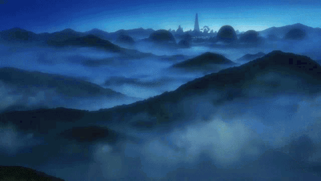 a painting of a landscape with mountains and clouds