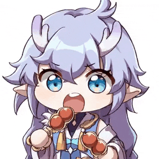 a cartoon girl with horns is holding a skewer of food in her hands .