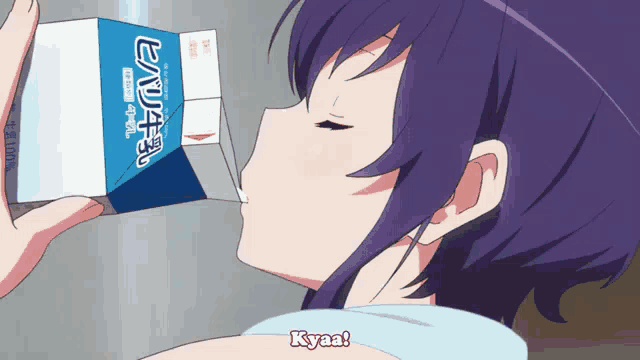 a girl with purple hair is drinking from a box that says kyaa on the side