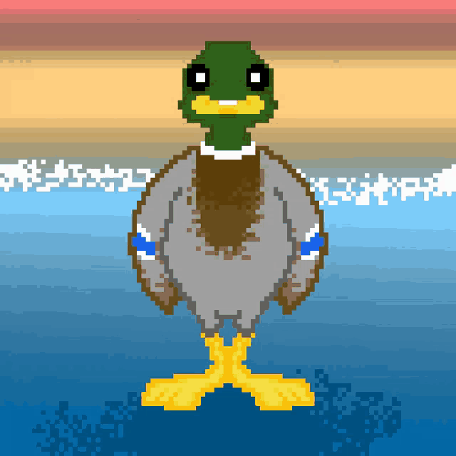 a pixel art drawing of a duck with a beard and yellow feet