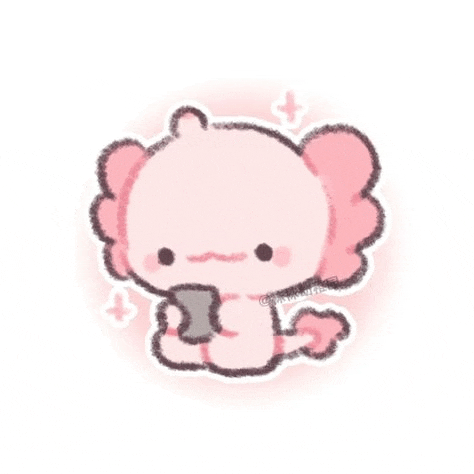 a cute pink axolotl is holding a cell phone in its paws .