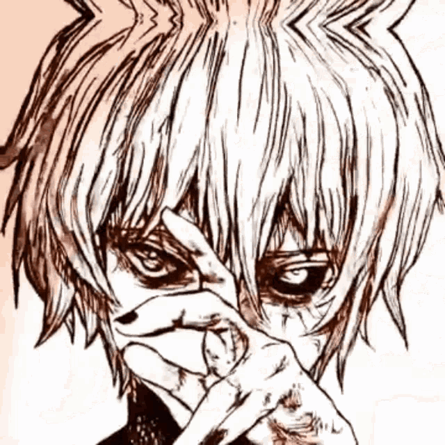 a black and white drawing of a person covering their face