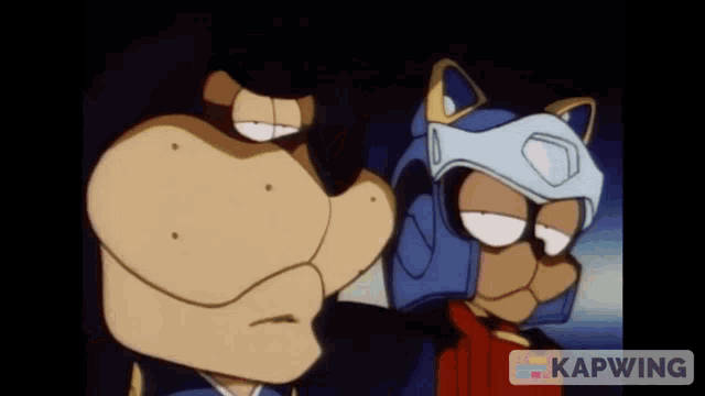two cartoon characters standing next to each other with the word kapwing on the bottom