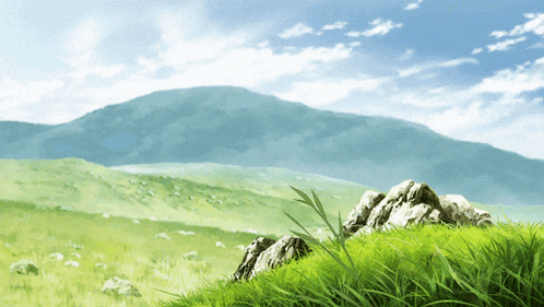 a painting of a grassy hillside with a mountain in the background