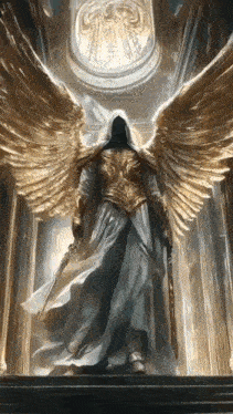 a painting of an angel with gold wings holding a sword and a shield .