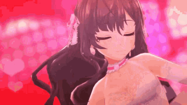 a girl in a white dress is dancing in front of a red background with hearts .