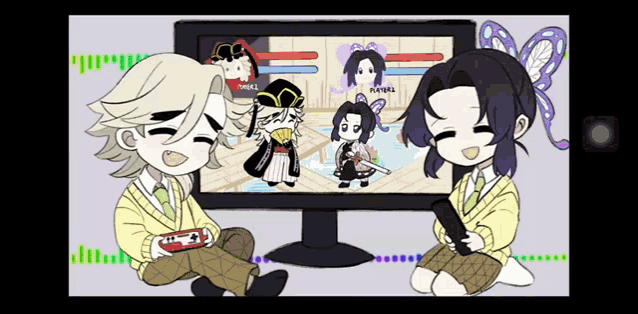 a couple of anime characters playing a video game