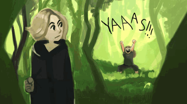 a cartoon drawing of a woman and a man in a forest with yaaa written on the bottom
