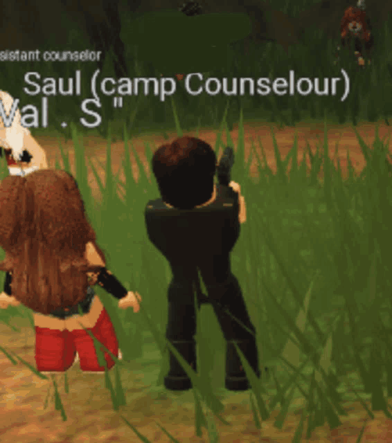 a video game character named saul is standing in the grass with a gun