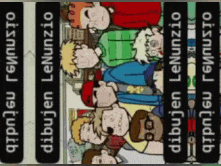 a group of cartoon characters are sitting next to each other with the names dibujen lenunzio written on the bottom right