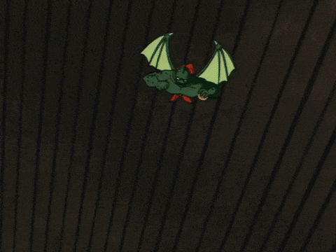 a cartoon drawing of a monster with wings holding something