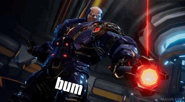 a man in a purple suit holds a red object and says boom