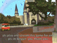 a cartoon of a castle with the words " pls play and stream this game for em "