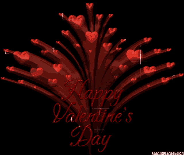 a happy valentine 's day greeting card with red hearts on a black background