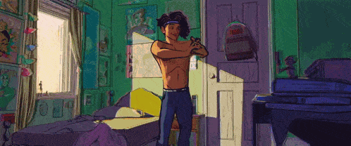 a man without a shirt is standing in a room with a piano
