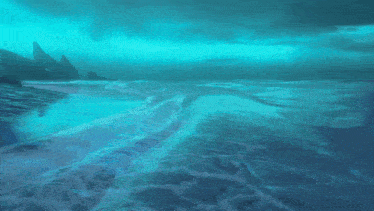 a painting of a body of water with a cliff in the background