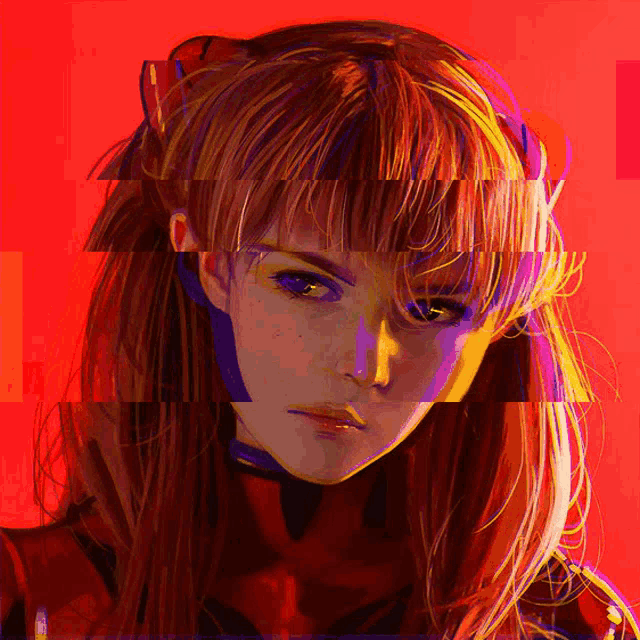 a painting of a woman with red hair and a red background