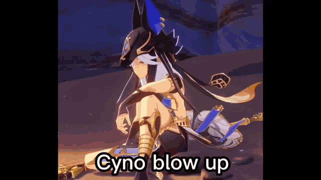 a cartoon character is kneeling down with the words cyno blow up written on the bottom .