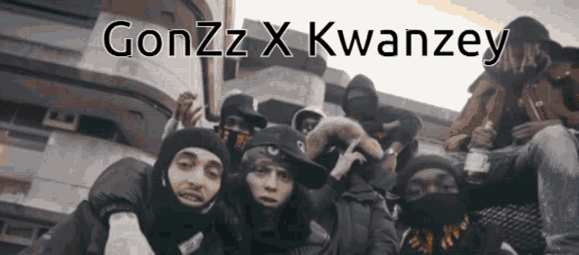 a group of people are posing for a picture with gonzz x kwanzey written on the bottom